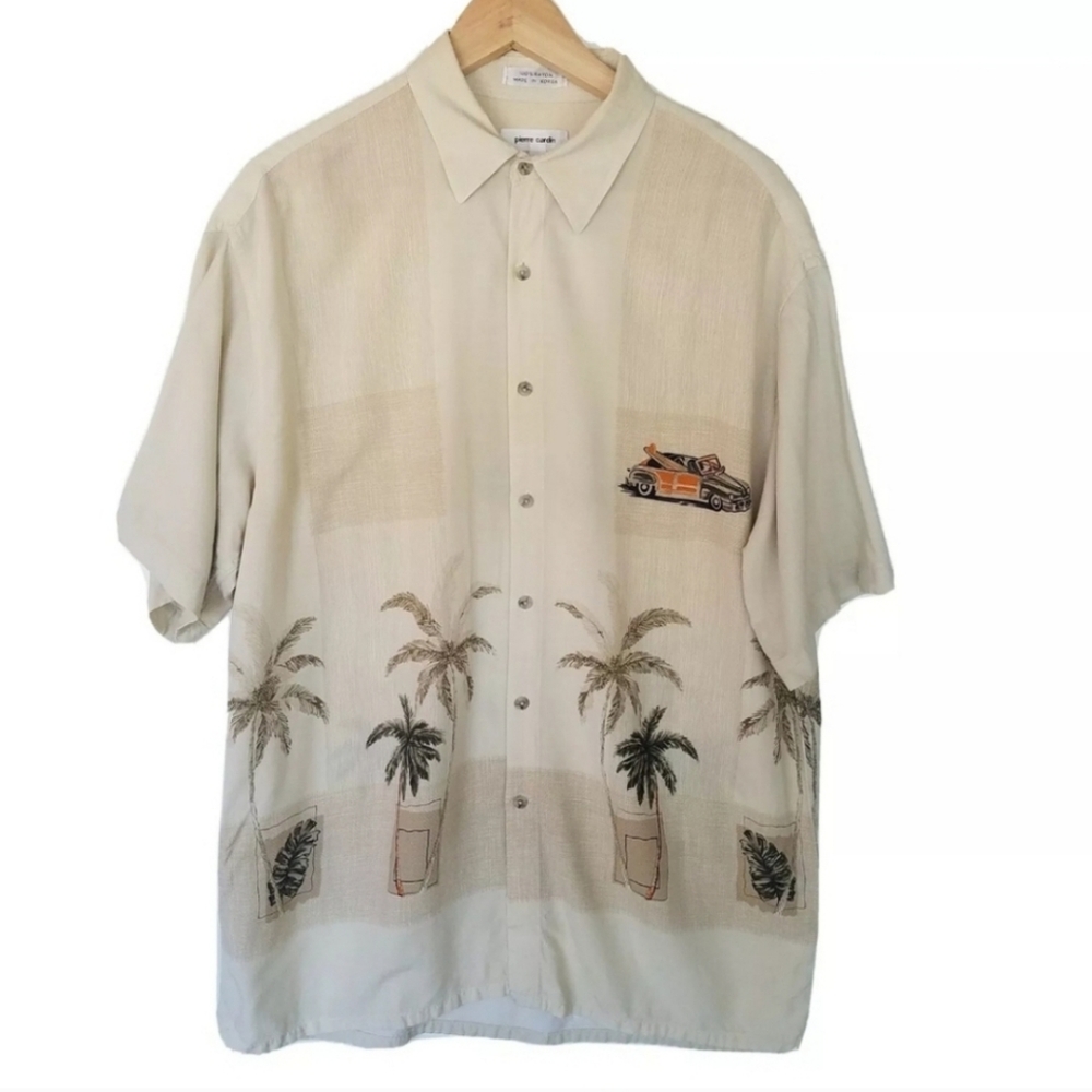 Pierre Cardin Palm Trees Woodie Beach Cruiser Men's button downDress shirt LARGE